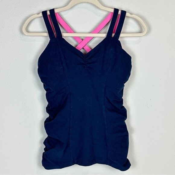 Solow Shirred Cross Back Strap Yoga Tank Top Navy M - Picture 1 of 6